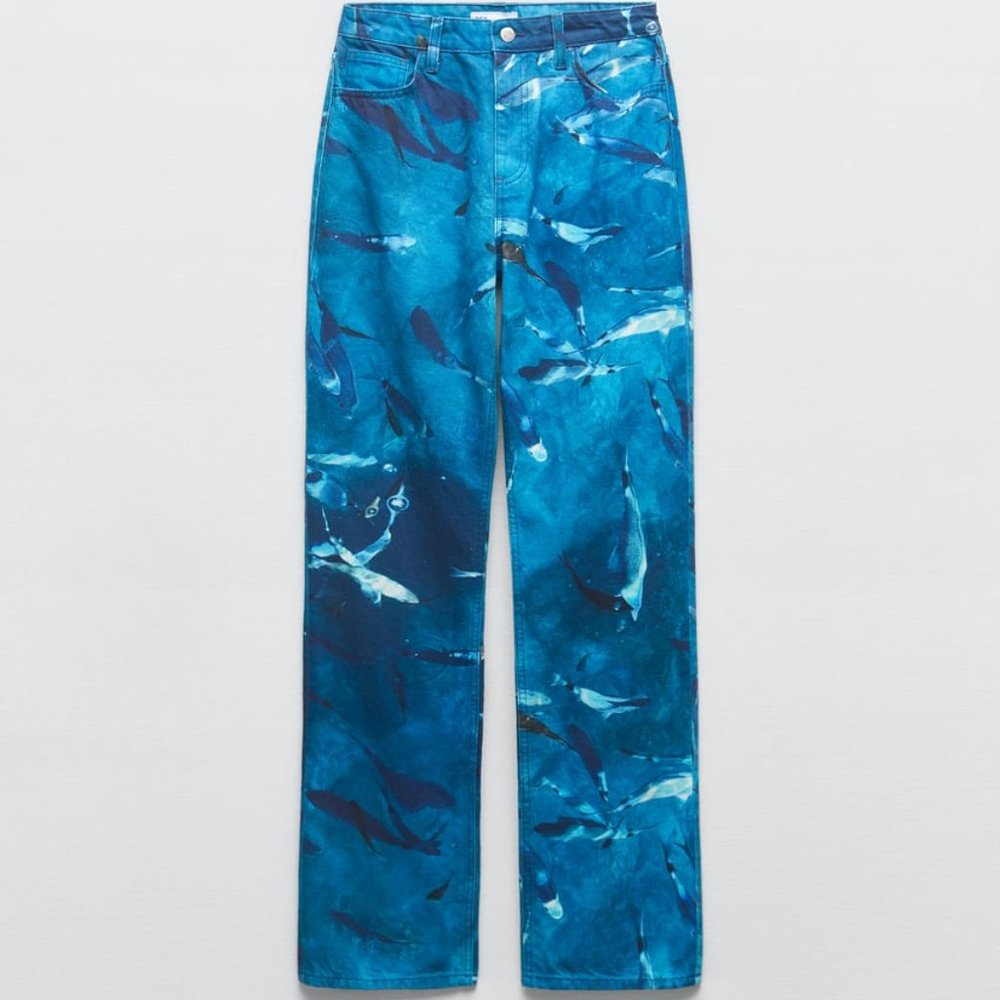 NWT ZARA PRINTED STRAIGHT LEG SEA WORLD OCEAN BLUE JEANS.